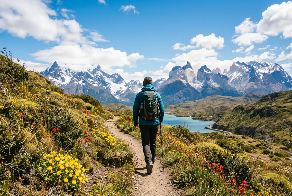 Hiker in a windproof jacket walking a Torres del Paine trail under a bright blue December sky with wildflowers along the path