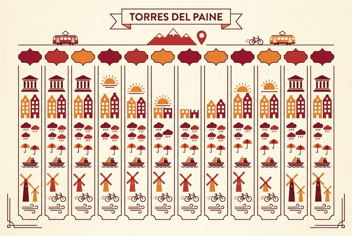 Chart infographic showing average temperature, rainfall and wind levels for Torres del Paine across all twelve months, laid out as a simple monthly bar chart
