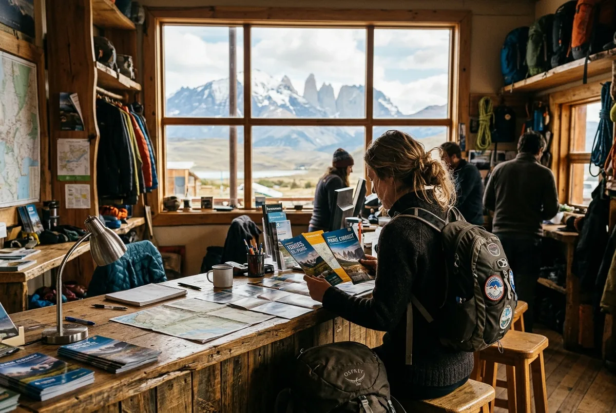Traveler comparing Torres del Paine tour brochures at a wooden outfitter counter in Puerto Natales with the Paine Massif towers visible through a window behind them