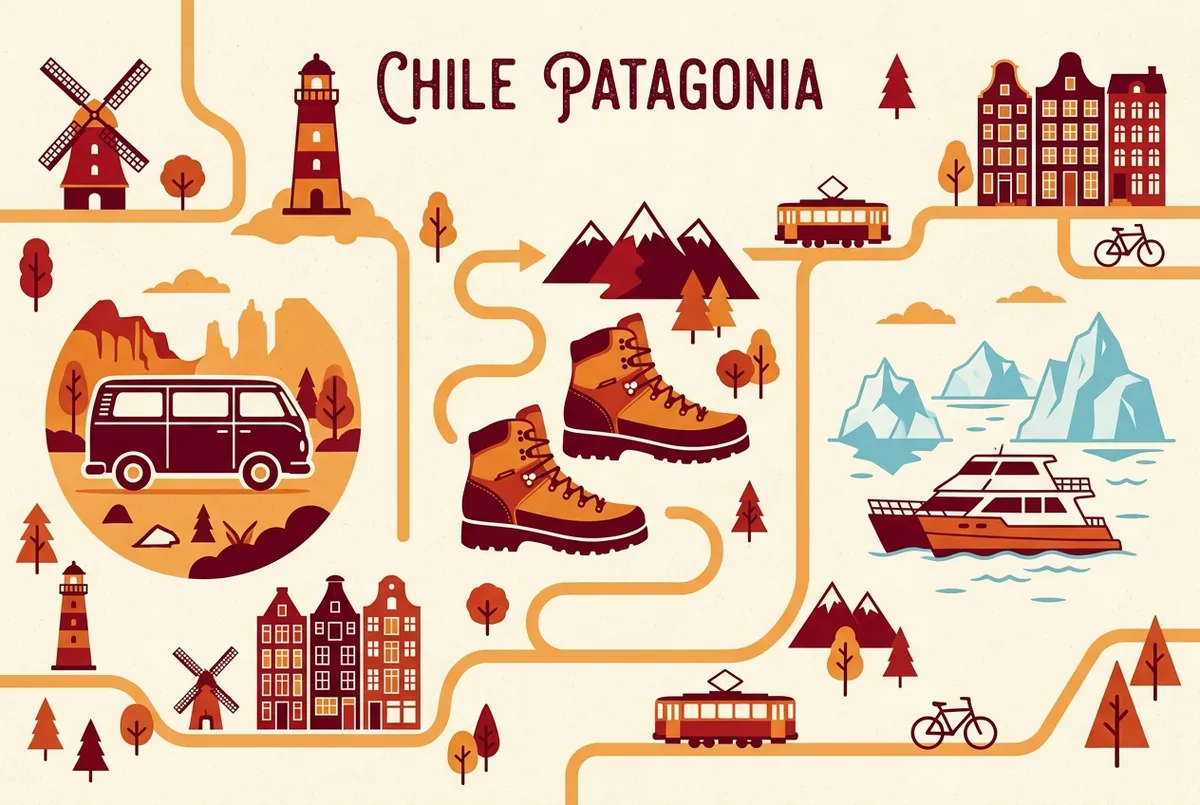 Infographic comparing three Torres del Paine tour formats icon by icon, a day-trip van, W Trek hiking boots and a Grey Glacier catamaran, arranged left to right from shortest to longest trip length