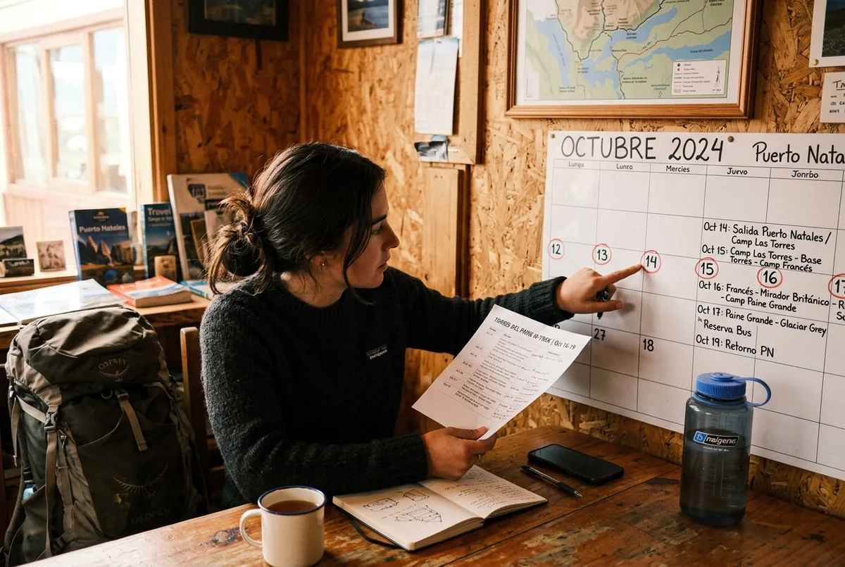 Traveler checking a paper itinerary against a wall calendar in a Puerto Natales guesthouse while planning a torres del paine trip