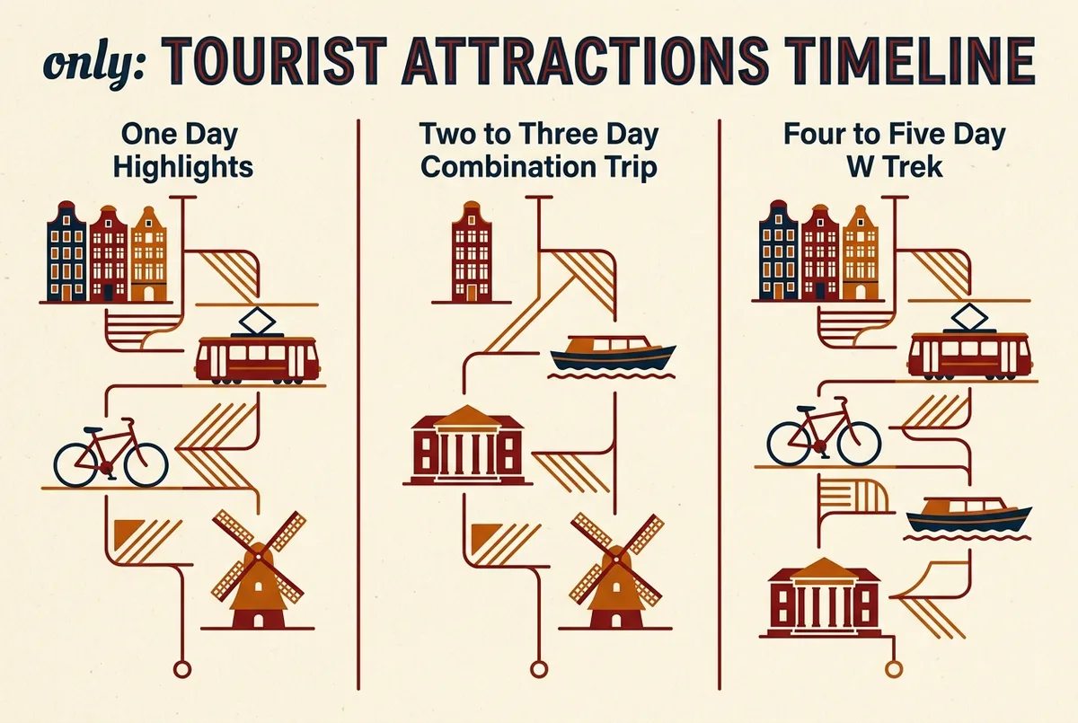 Timeline infographic comparing Torres del Paine itinerary lengths, one day highlights, two to three day combination trip and the four to five day W Trek, side by side
