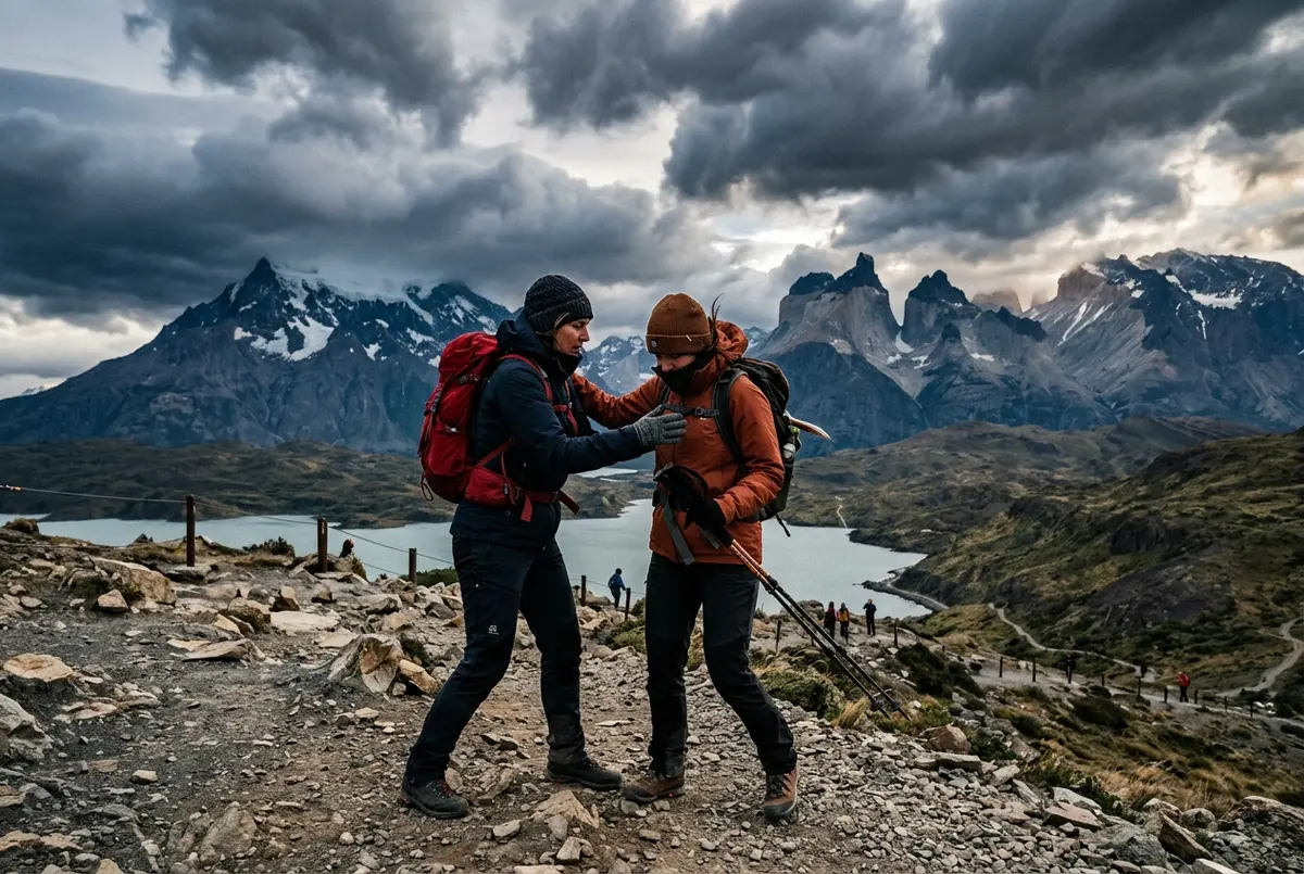 Guide steadying a hiker against strong wind at an exposed Torres del Paine viewpoint as storm clouds move fast overhead