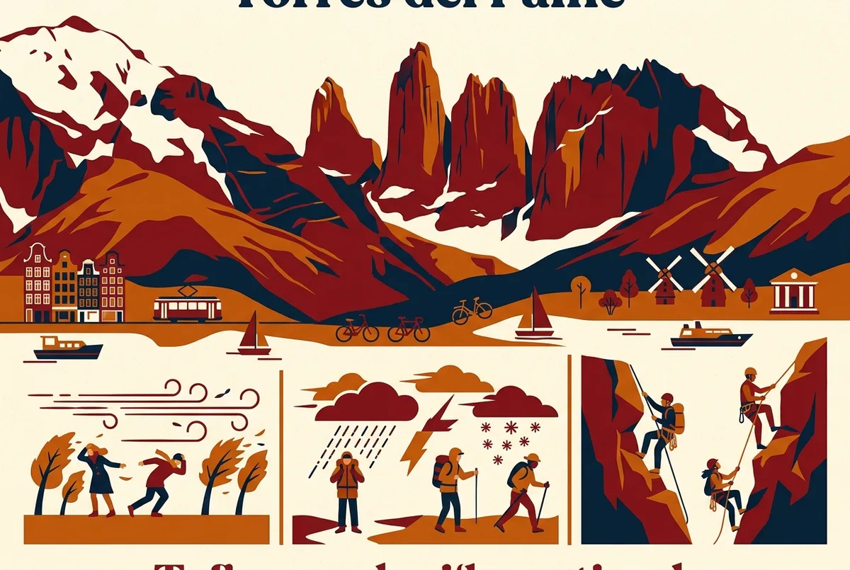 Infographic comparing Torres del Paine risk factors, wind exposure, sudden weather change and technical climbing, against the massif's actual 2500 meter elevation