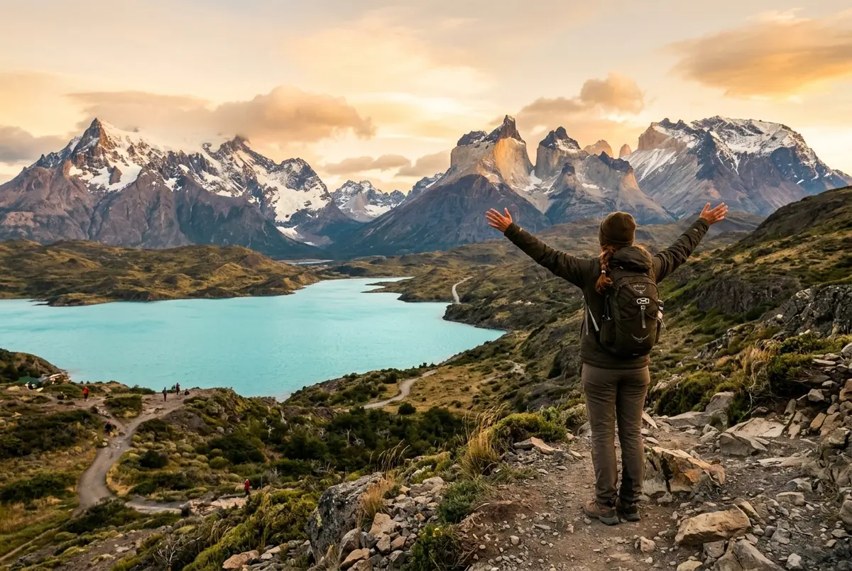 Solo traveler standing at a viewpoint overlooking the three granite Paine towers and turquoise Laguna Amarga at golden hour, arms open in awe