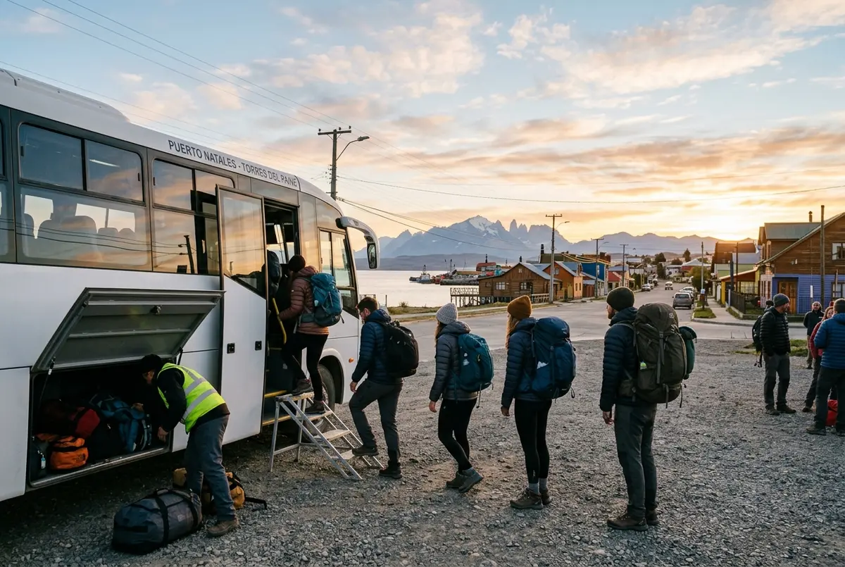 Travelers boarding a white tourist bus in Puerto Natales at sunrise with the Torres del Paine massif faintly visible on the horizon