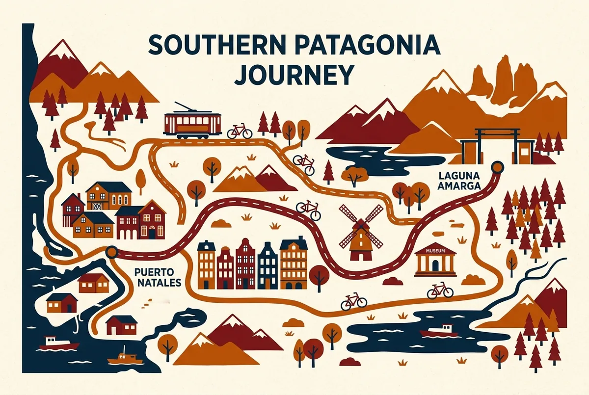 Simple route map infographic showing the road from Puerto Natales to the Laguna Amarga entrance gate of Torres del Paine National Park