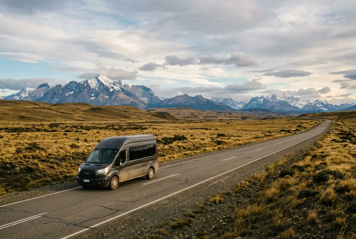 A private transfer van driving along the open Patagonian steppe highway between Punta Arenas and Puerto Natales under a wide sky