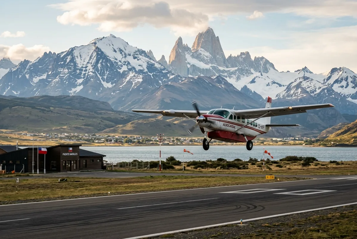 A small propeller plane landing at Puerto Natales Teniente Julio Gallardo airport with mountains in the background