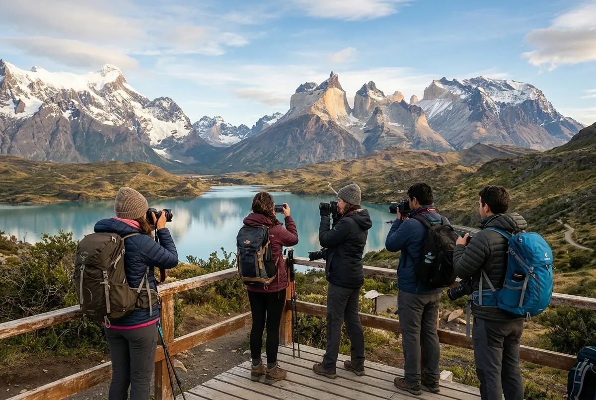 Small group of travelers photographing the three granite Paine towers from the Laguna Amarga viewpoint during a Torres del Paine day trip