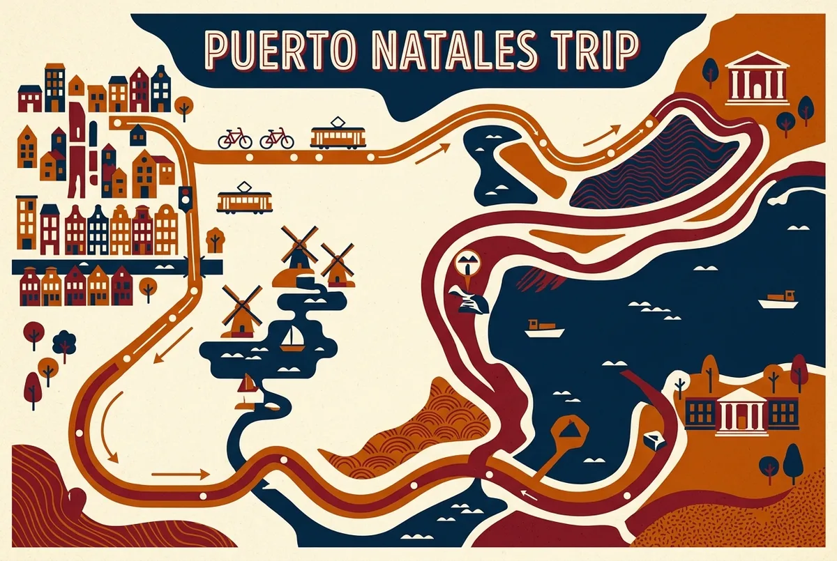 Route map infographic showing a Torres del Paine day trip loop from Puerto Natales through Laguna Amarga, Lake Nordenskjold viewpoints and Grey Lake before returning to town