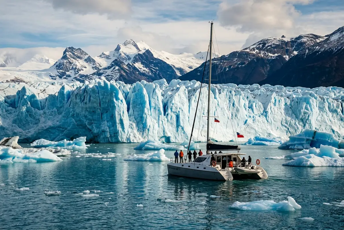 Catamaran sailing close to the blue ice face of Grey Glacier with icebergs floating on Grey Lake during a Torres del Paine boat tour