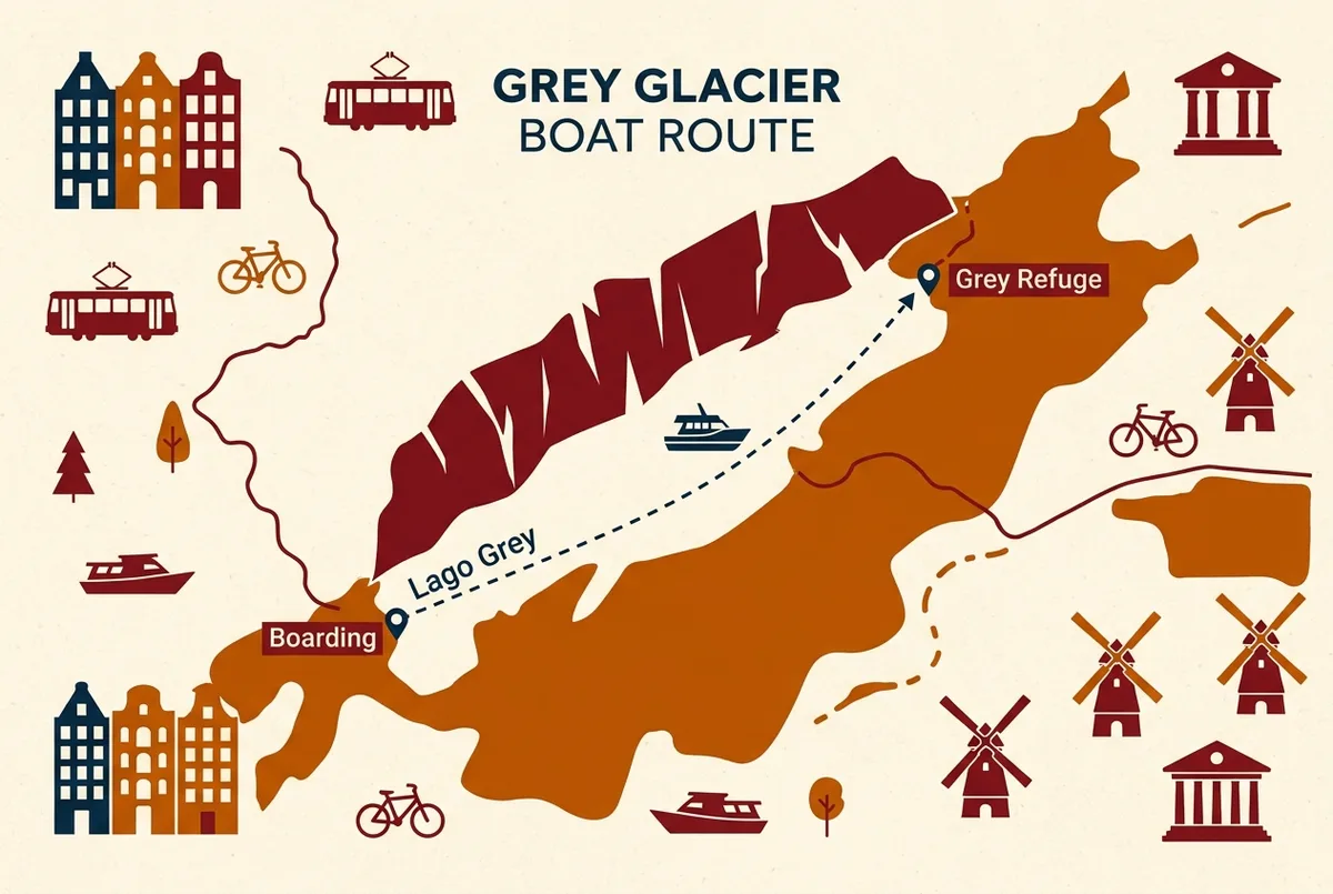 Map infographic showing the Torres del Paine catamaran route sailing along the face of Grey Glacier from the Lago Grey boarding point to the Grey Refuge