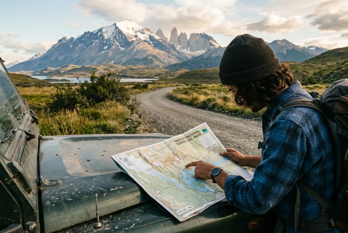 Traveler tracing a route on a paper torres del paine national park map spread across a car hood with the granite towers visible in the distance