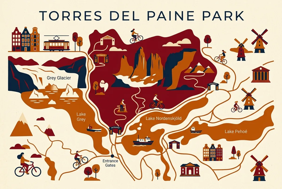 Map infographic showing Torres del Paine National Park's entrance gates, major sectors and the relative positions of the towers, Grey Glacier and main lakes