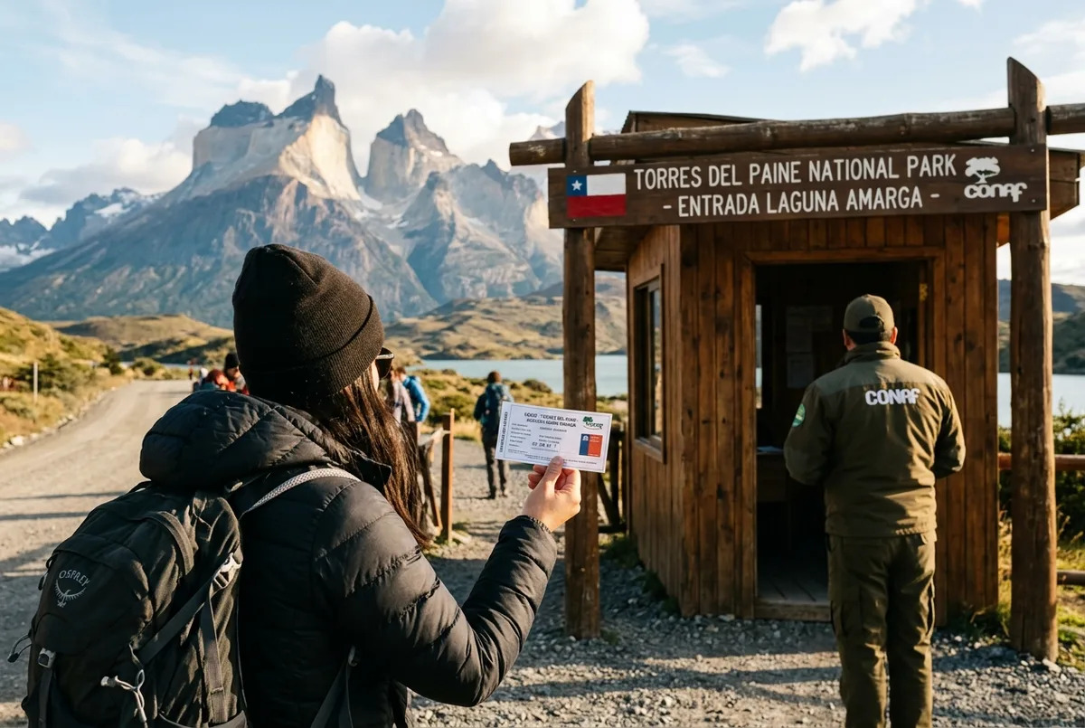 Traveler holding a printed entrance ticket at the Laguna Amarga ranger checkpoint gate of Torres del Paine National Park