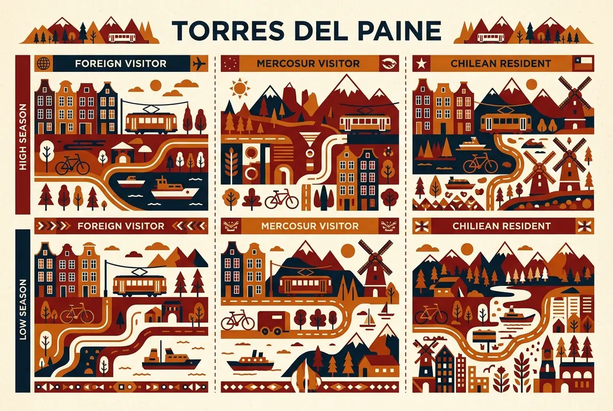 Infographic comparing Torres del Paine entrance fee tiers by category, foreign visitor, Mercosur visitor and Chilean resident, alongside a high season and low season comparison