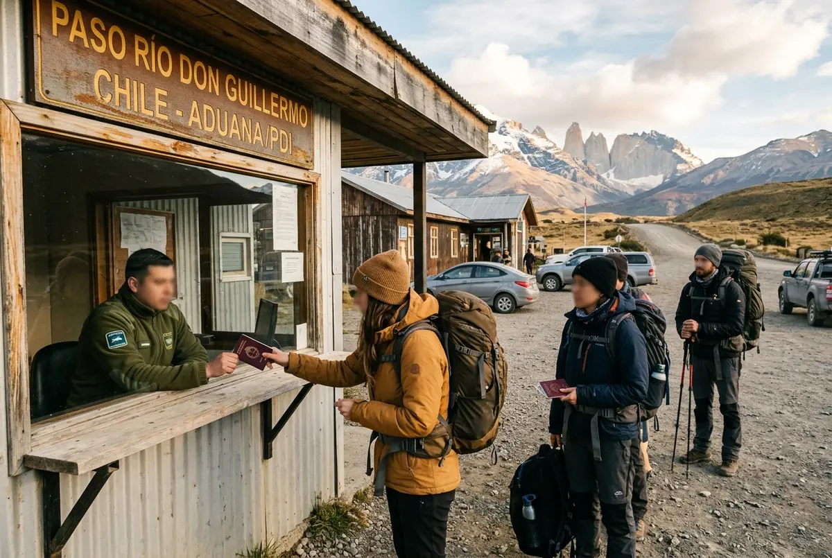 Travelers showing passports at the Cancha Carrera border crossing point between Argentina and Chile on the way to Torres del Paine