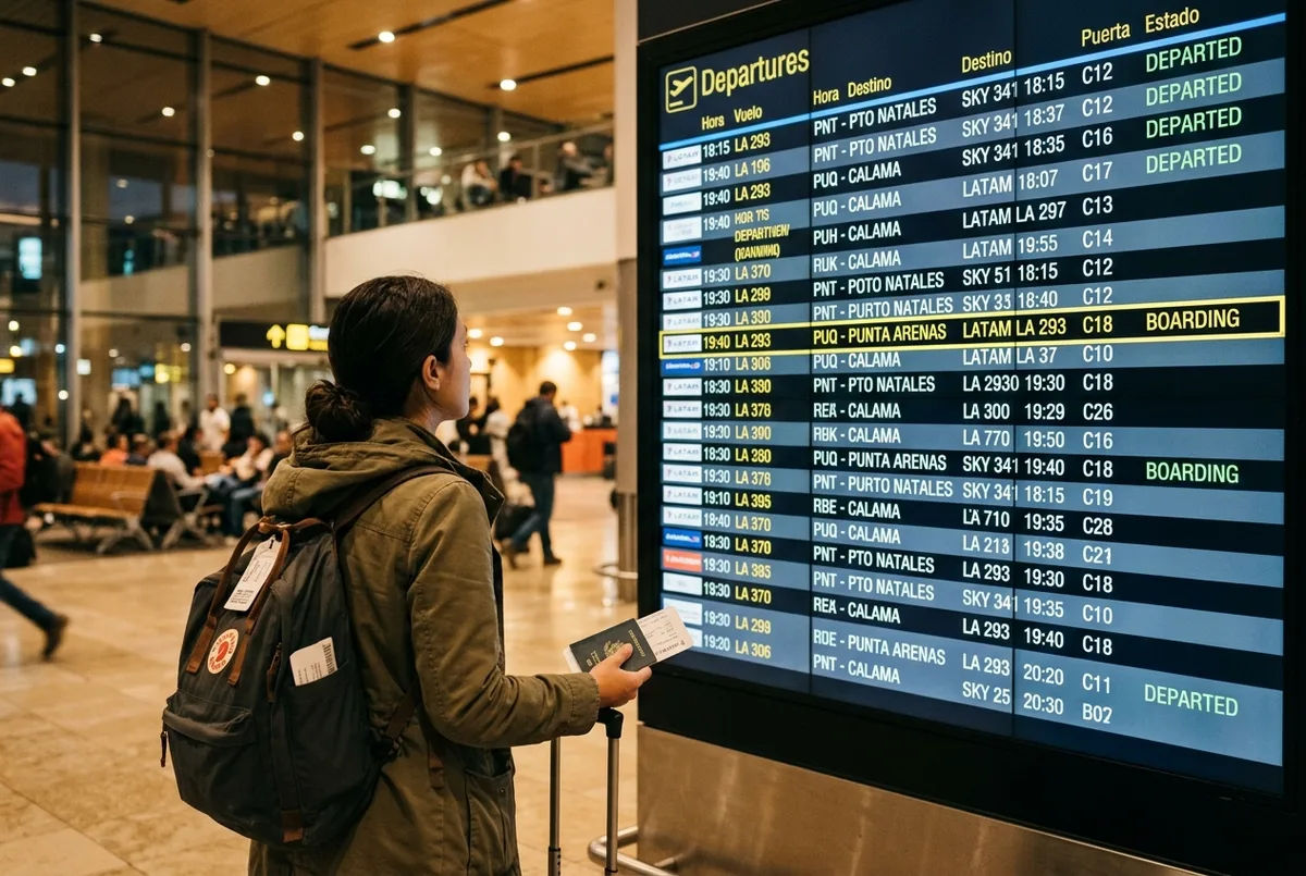 A traveler checking a flight departures board in Santiago airport with a connecting flight to Punta Arenas highlighted