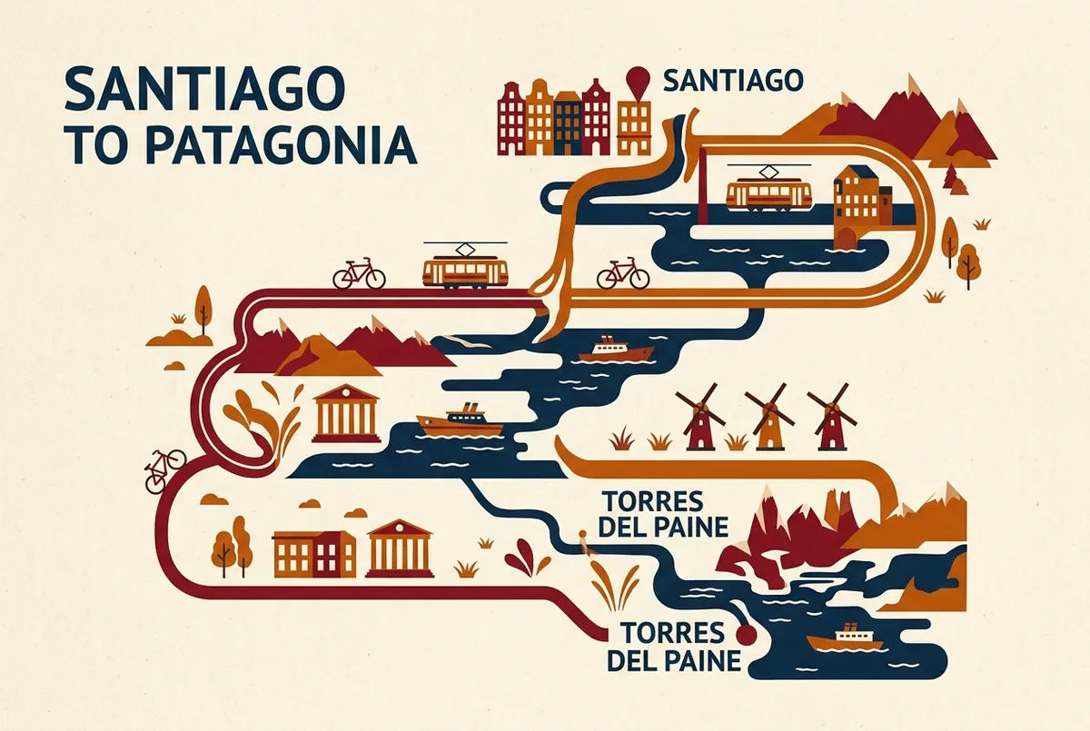 Map infographic showing the long distance between Santiago and Torres del Paine National Park in southern Patagonia