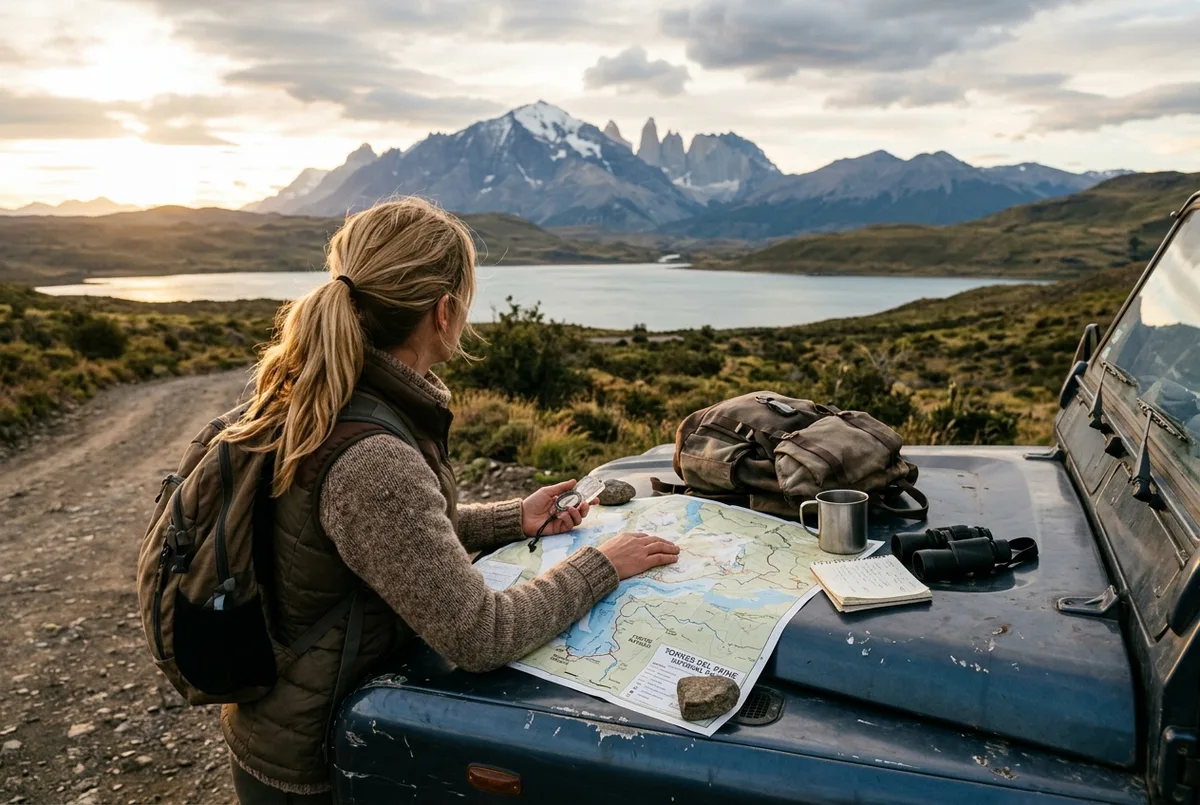 Traveler with a map spread across the hood of a 4x4 planning a torres del paine trip with the granite towers visible on the horizon