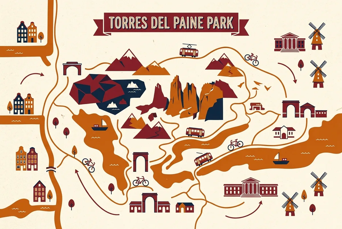 Map infographic showing Torres del Paine National Park's entrance gates, major sectors and the relative positions of the towers, Grey Glacier and main lakes