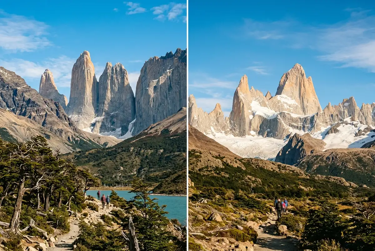 Split scene showing the granite Paine towers of Torres del Paine on one side and the spires of Fitz Roy near El Chalten on the other under matching blue Patagonian sky