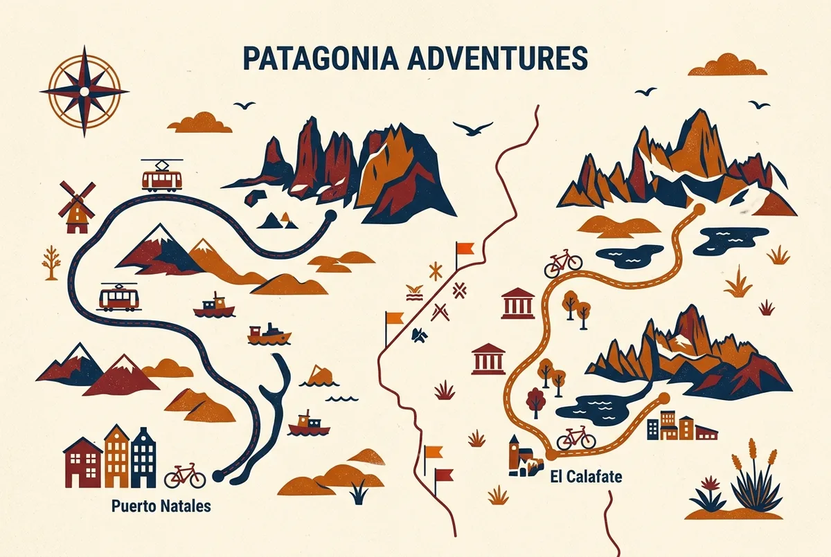 Map infographic comparing the Patagonia routes to Torres del Paine via Puerto Natales and to El Chalten via El Calafate, with the border crossing between them marked