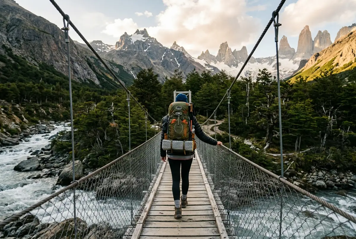 Backpacker with a full trekking pack crossing a suspension bridge toward the French Valley on a multi-day Torres del Paine W Trek tour