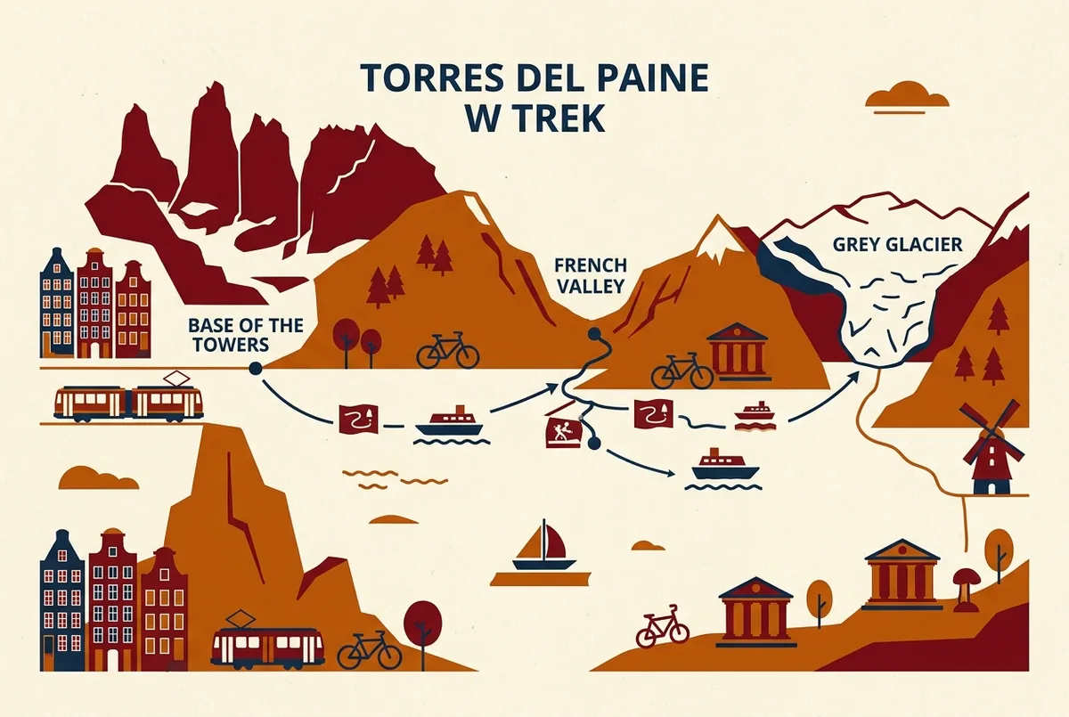 Elevation profile infographic showing the three valleys of the Torres del Paine W Trek route, the Base of the Towers, French Valley and Grey Glacier, connected by trail and boat icons