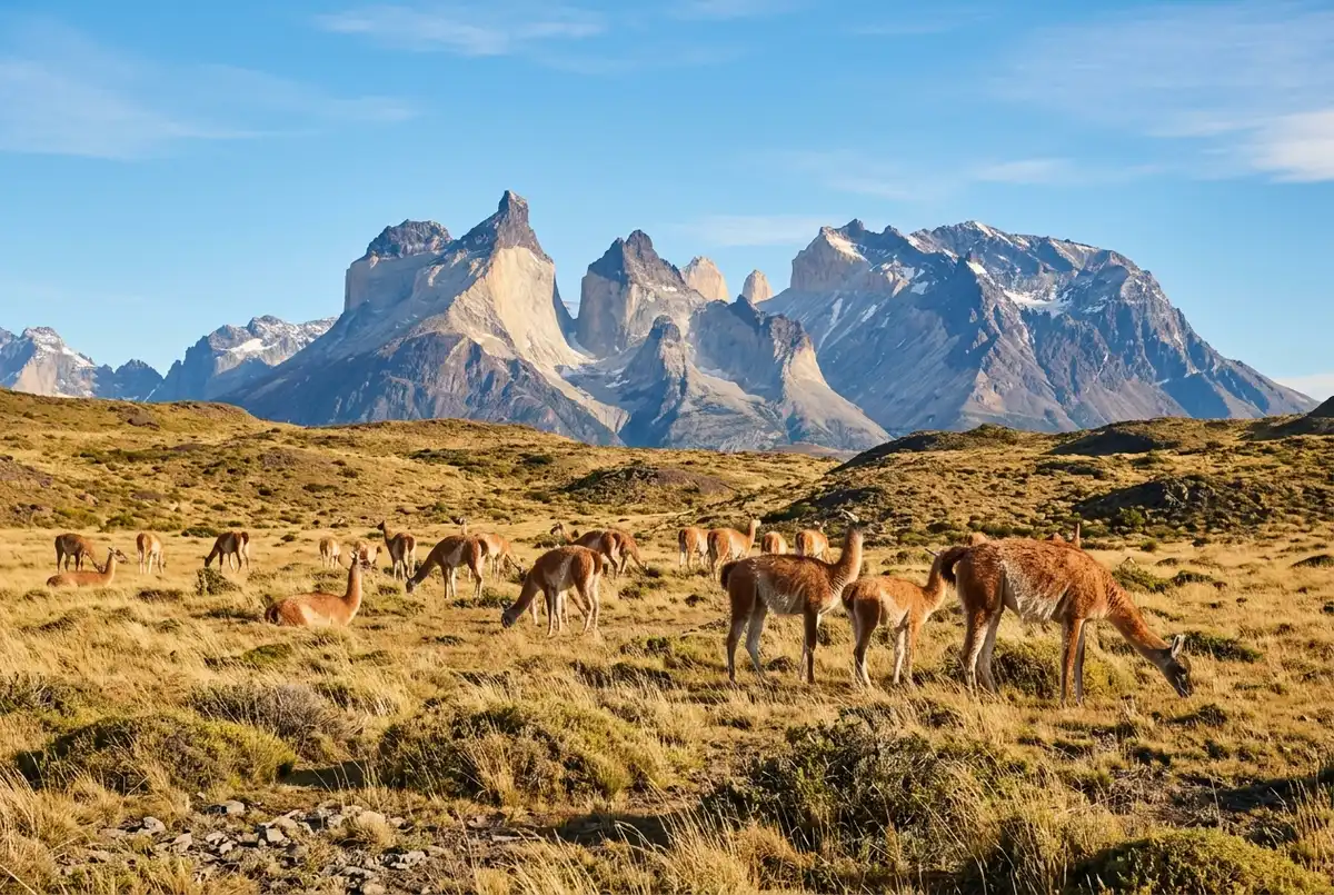 Herd of guanacos grazing on open Patagonian steppe with the granite Torres del Paine towers rising in the background under a clear sky