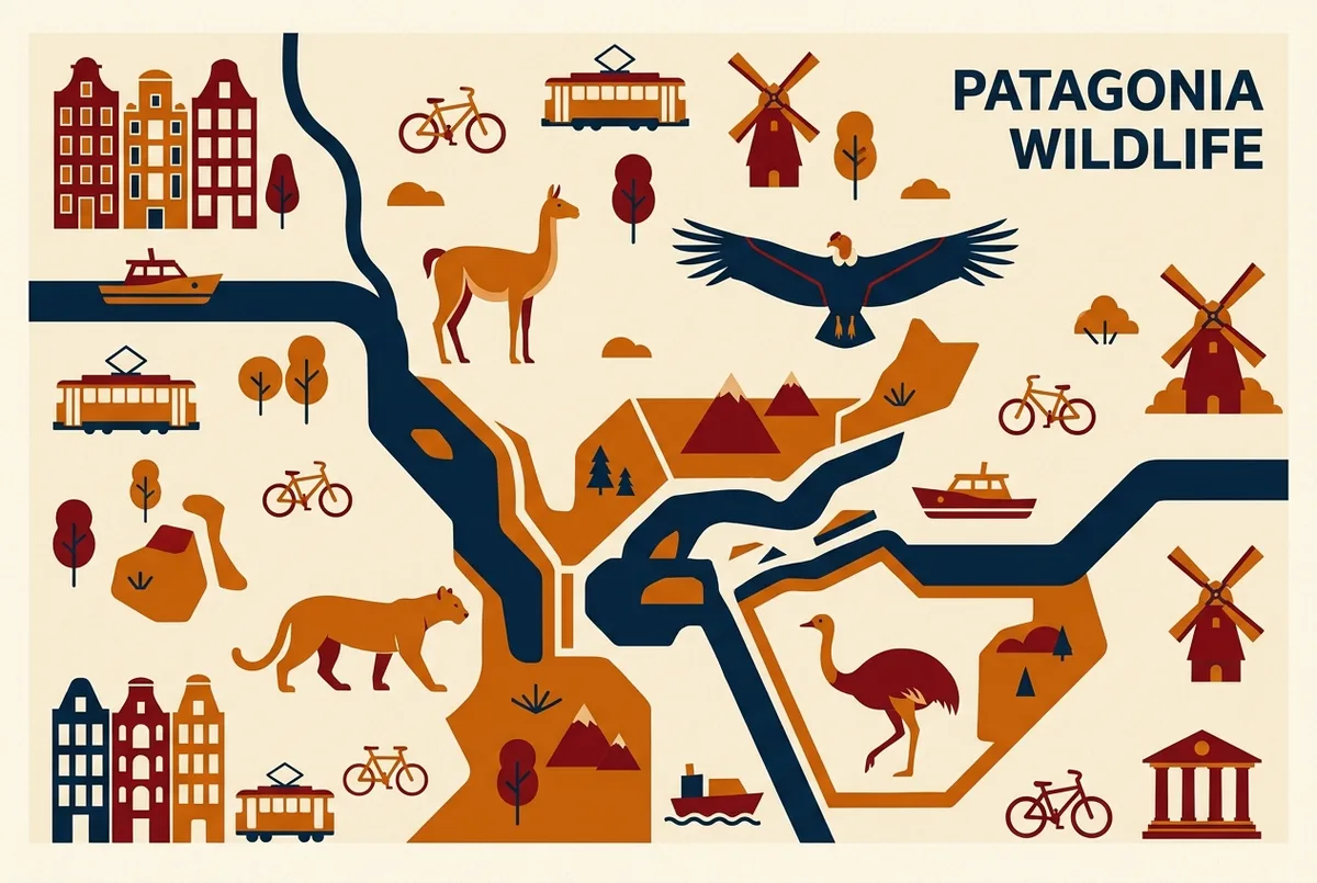 Infographic showing four signature Torres del Paine animals, guanaco, Andean condor, puma and lesser rhea, with simple icons and their typical habitat zones inside the park
