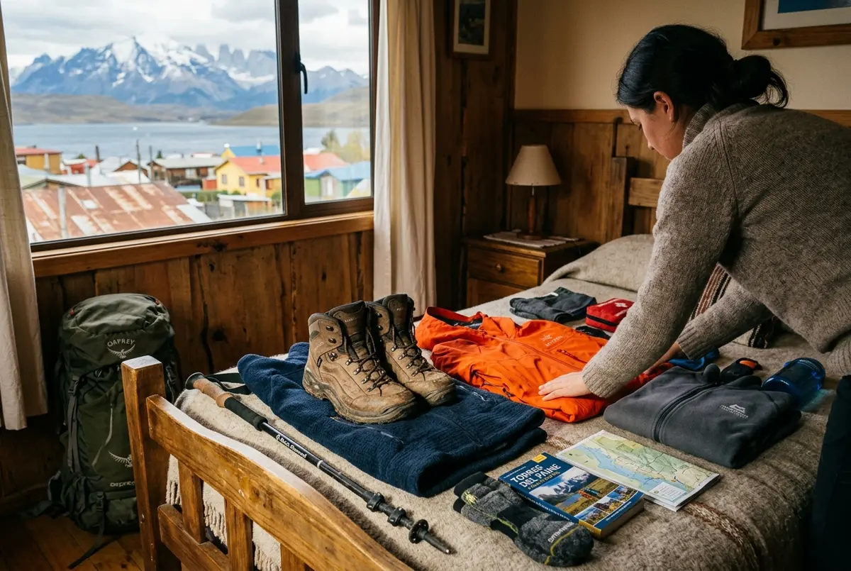 Traveler laying out a windproof shell, fleece layers and broken in hiking boots on a Puerto Natales guesthouse bed while packing for Torres del Paine