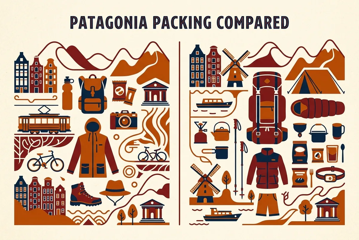 Side by side packing list infographic comparing Torres del Paine day trip essentials against multi day trek gear