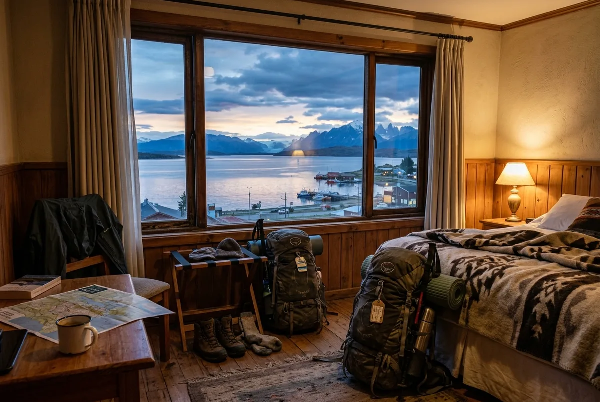 Cozy boutique hotel room window in Puerto Natales overlooking the Señoret Channel at dusk with luggage packed for a Torres del Paine trip