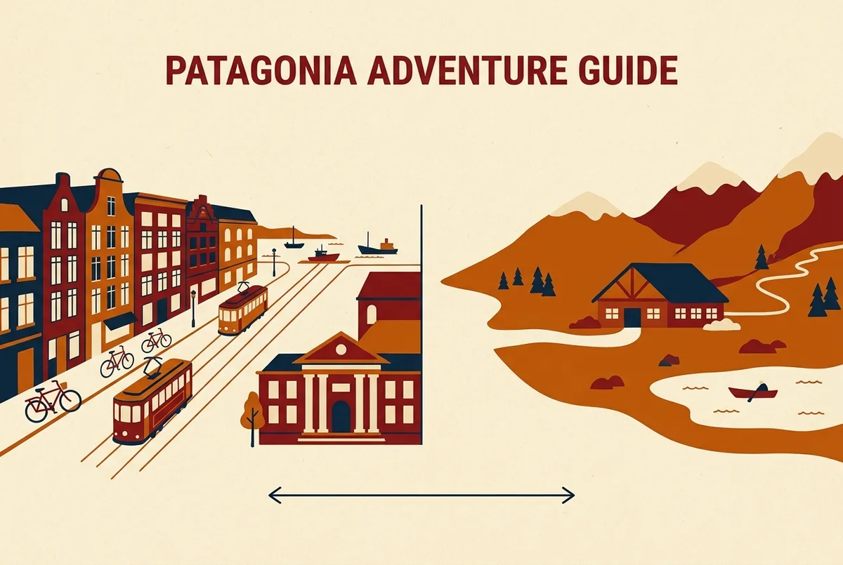 Split-scene infographic comparing a Puerto Natales hotel street view on one side and an in-park lodge near mountain trailheads on the other, with a simple distance arrow between them