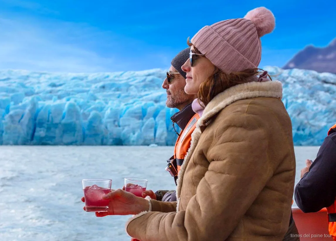 Pisco sour served with ancient glacier ice aboard the Grey Glacier catamaran